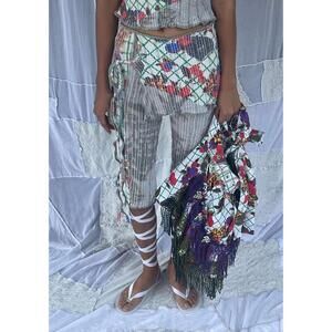NEW LUNA DEL PINAL tablecloth stretch weave mini skirt over capri pants in cherr
